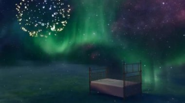 Infinite Dream. Bed in fantasy landscape. Animated video