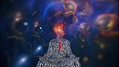 Figure of man with maze pattern in lotus pose in flames. Men with wings represents angels