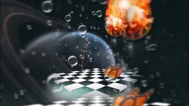 Surreal scene. Doll and burning clock in deep space
