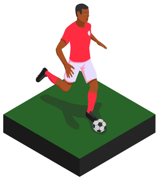 Jogador Futebol Negro Africano Driblando Uma Bola Futebol Vista Isométrica — Vetor de Stock