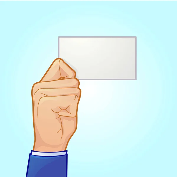 Χέρι Που Κρατά Λευκή Χάρτινη Κάρτα Μπλε Φόντο — Διανυσματικό Αρχείο