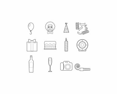 Kutlama partisi simgeleri ayarlandı. Mobile, web seti, poster, davetiye, tebrik kartı, doğum günü, parti için doğrusal set. Parti, doğum günü 