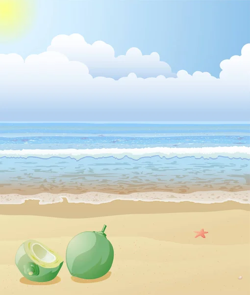 Літній Пляж Кокосовим Горіхом Морем Небом Векторна Ілюстрація — стоковий вектор