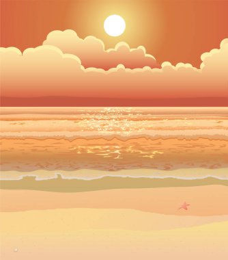 ocean beach at the sunset, vector illustration