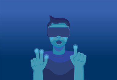 VR gözlük takan ve sanal gerçeklik gözlüğü vektör illüstrasyon grafik tasarımı