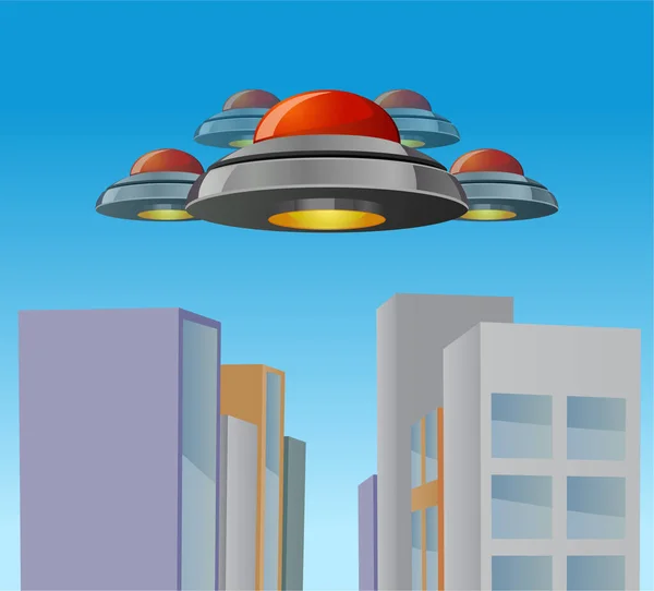 未来の宇宙Ufoが街を飛び回る — ストックベクタ