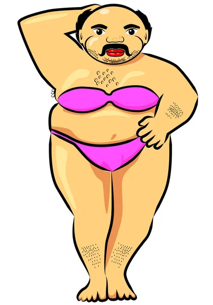 Uomo Grasso Con Barba Bikini Cappello Sta Guardando Una Cornice — Vettoriale Stock