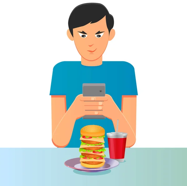 一个穿着衬衫和牛仔裤的男人正在吃汉堡包和汉堡包 一个男人在看电视 在白色背景下隔离 — 图库矢量图片