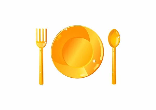 フォークとスプーンのアイコンと金色のプレートベクトルイラスト — ストックベクタ