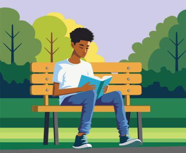 Siyah genç öğrenci park vektöründe kitap okuyor.