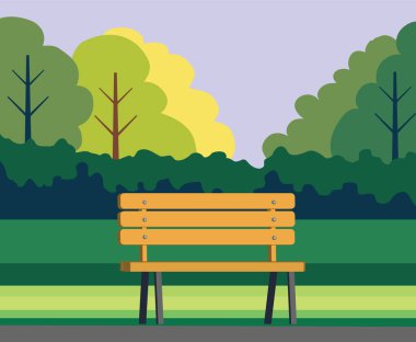 Yeşil çimlere ve ağaçlara park bankı çizimi