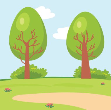 Parkta iki ağaç, küçük çiçekler ve gökyüzü vektör çizimi 