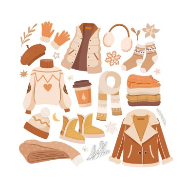 Konforlu kış seti. Soğuk mevsim için eşyalar