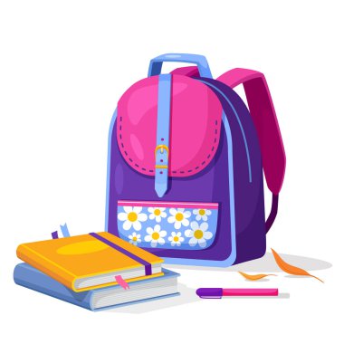 Sırt çantası ve diğer okul malzemelerinin izole edilmiş bir fotoğrafı olan vektör simgesi