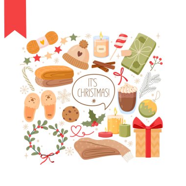 Beyaz arka planda izole edilmiş çeşitli Noel elementleri koleksiyonu