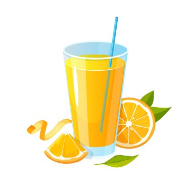 Natural orange juice in a glass with cut fruit isolated on white background