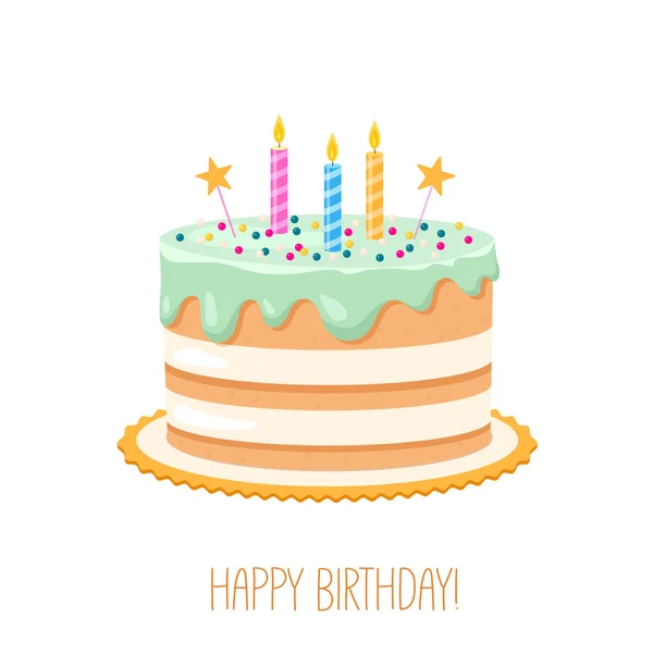 一个插着蜡烛的生日蛋糕的插图 — 图库矢量图片