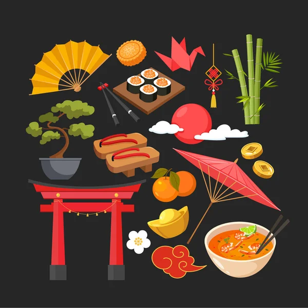 Japanese Cultural Symbols Set Vector Illustration — Stock Vector