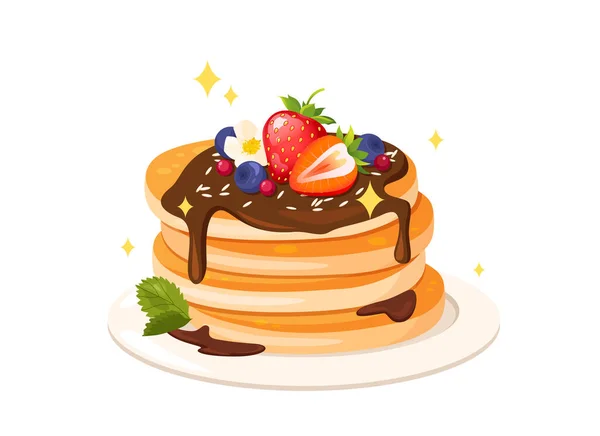 Ein Teller Pfannkuchen Mit Schokolade Erdbeeren Und Blaubeeren Auf Weißem — Stockvektor