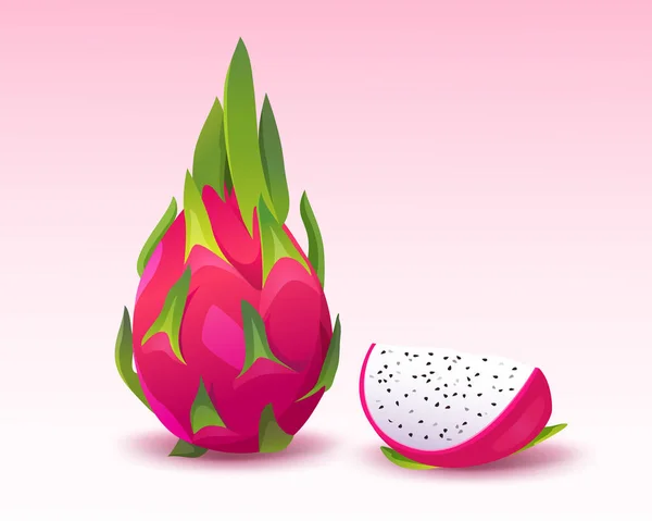 Świeże Całe Wyciąć Plasterek Owoców Smoka Pitaya Izolowane Białym Tle — Wektor stockowy