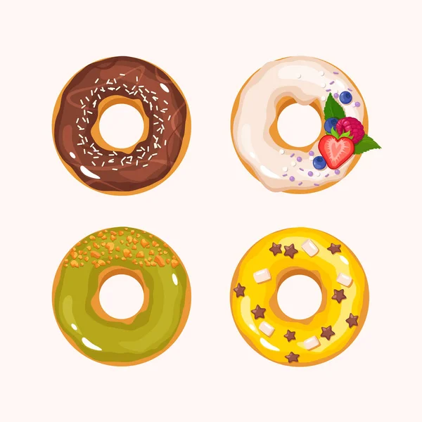 Dibujos Animados Sabrosos Donuts Con Diferentes Coberturas — Vector de stock