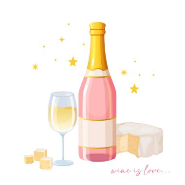 Şarap şişesi, bir bardak beyaz şarap ve lezzetli peynir.