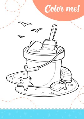 Kum kovası ve oyun oynayan çocuklar için boyama sayfası. Yazdırılabilir çalışma tablosu, vektör illüstrasyonu.