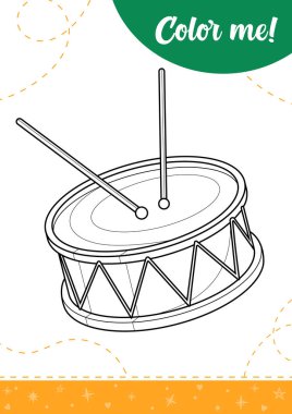 Çizgi film davulları olan çocuklar için boyama sayfası. Yazdırılabilir çalışma kağıdı, vektör illüstrasyonu..