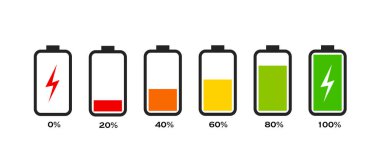 Beyaz zemin üzerinde düşük ile yüksek enerji seviyeleri arasındaki şarj göstergeleri vektör kümesi.