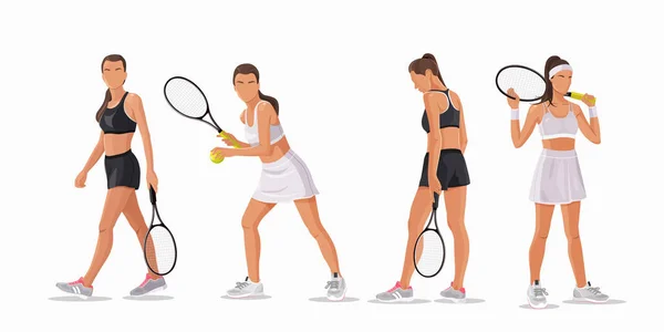 Joueuses Tennis Avec Une Raquette Dans Différentes Poses Vêtements — Image vectorielle