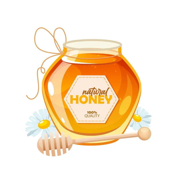 Natürlicher Honig Glas Mit Holzdipper Und Blumen — Stockvektor