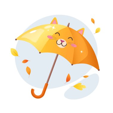 Çizgi film çocuğunun şemsiyesi ve etrafta uçan yapraklar.