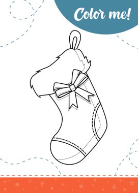 Noel çoraplı çocuklar için boyama sayfası. Yazdırılabilir çalışma tablosu, vektör illüstrasyonu.