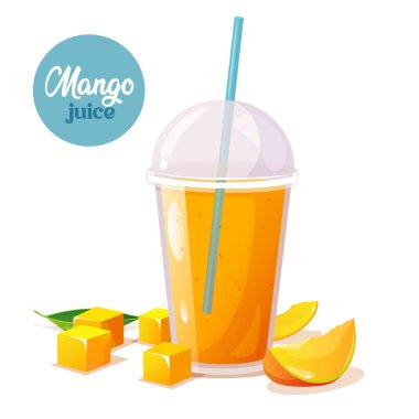 Taze meyve dilimleri ve küp mango suyu.