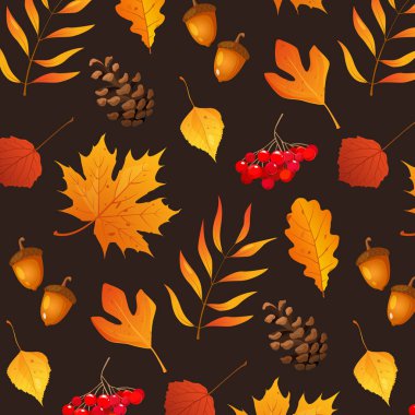 Sonbahar yapraklı desen, böğürtlen, kozalak, meşe palamudu