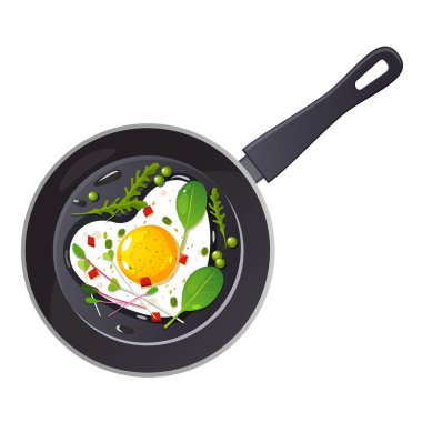 Kızartma tavasında taze bitkilerle kalbinde pişmiş yumurta manzarası.
