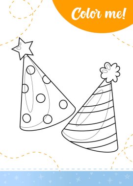 Doğum günü kutlaması elementleri olan çocuklar için boyama sayfası. Yazdırılabilir çalışma tablosu, vektör illüstrasyonu.