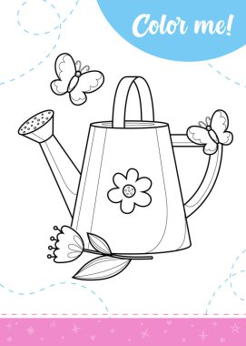 Coloring page for kids with watering can,butterflies and flower.A printable worksheet, vector illustration. clipart