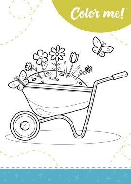 Bahçecilik, çiçekler ve kelebekler için el arabası olan çocuklar için boyama sayfası. Yazdırılabilir çalışma tablosu, vektör illüstrasyonu.