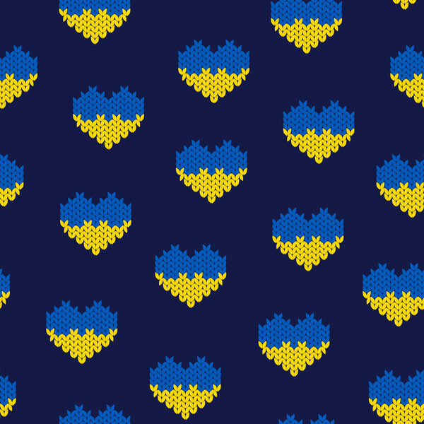 Seamless pattern with Ukrainian woolen knitted heart in colors of the Ukrainian flag.