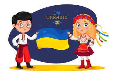 Ukrayna bayrağı taşıyan geleneksel Ukrayna elbiseli çocuklar.