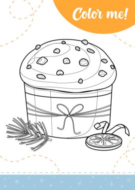 Çizgi film panettonu ve dekorasyonu olan çocuklar için boyama sayfası. Yazdırılabilir çalışma kağıdı, vektör illüstrasyonu..