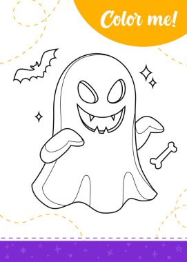 Korkunç Cadılar Bayramı hayaleti olan çocuklar için boyama sayfası. Yazdırılabilir çalışma kağıdı, vektör illüstrasyonu..