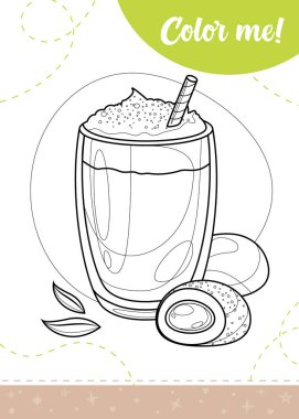 Matcha latte bardağı ve Japon tatlı mochi 'si olan çocuklar için boyama sayfası. Yazdırılabilir çalışma tablosu, vektör illüstrasyonu.