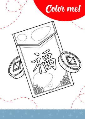 Coloring page for kids with Chinese hongbao envelope with coins.A printable worksheet, vector illustration. clipart