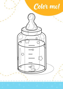 Bebek içeceği şişesi olan çocuklar için boyama sayfası. Yazdırılabilir çalışma tablosu, vektör illüstrasyonu.