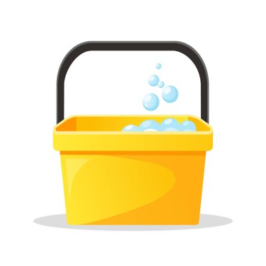 Sabunlu köpüklü su ve ev temizliği için köpüklü sarı plastik kova beyaz arka planda izole edilmiş..