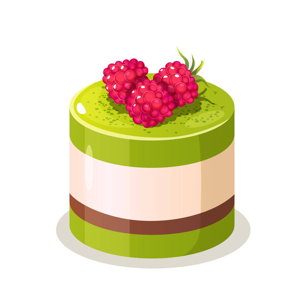 Кусок десерта из маття панна котта со свежей малиной на белом фоне.