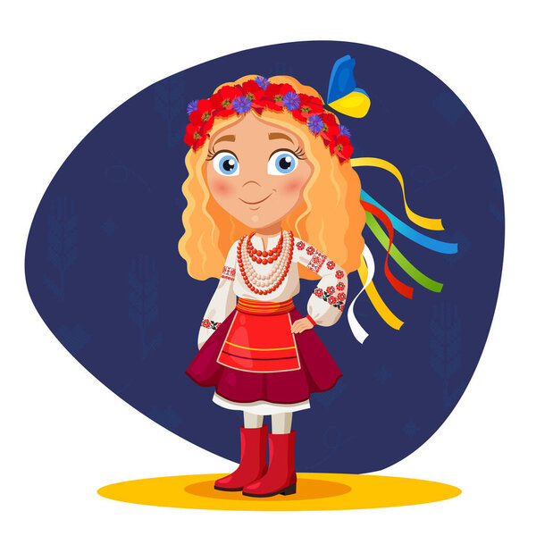 Cartoon girl character dressed in Ukrainian folk embroidered costume with traditional flowers wreath on head.
