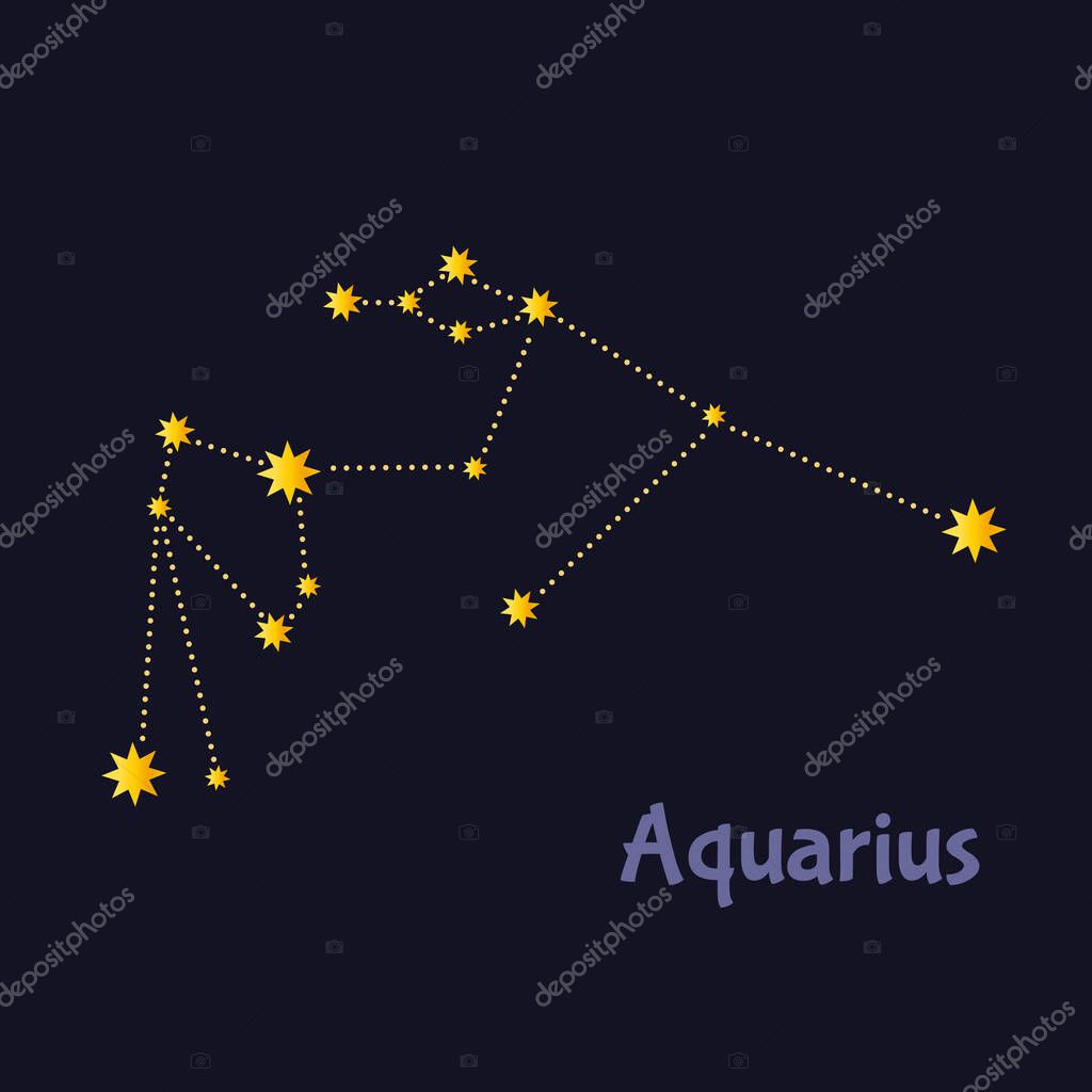 Aquarius zodiac constellation illustration on night sky with inscription.